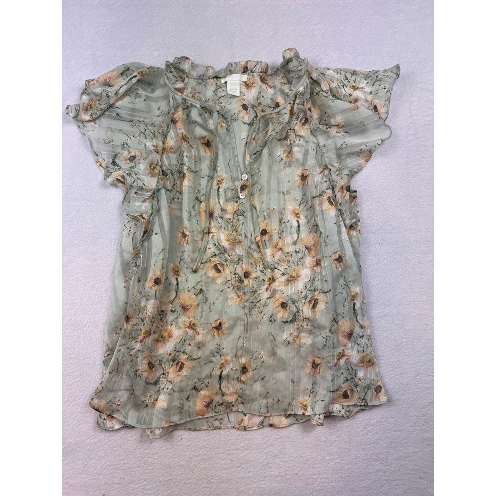 HM Sage Green Floral Flutter Sleeve Blouse Ruffle Neck Sheer Top Size 6